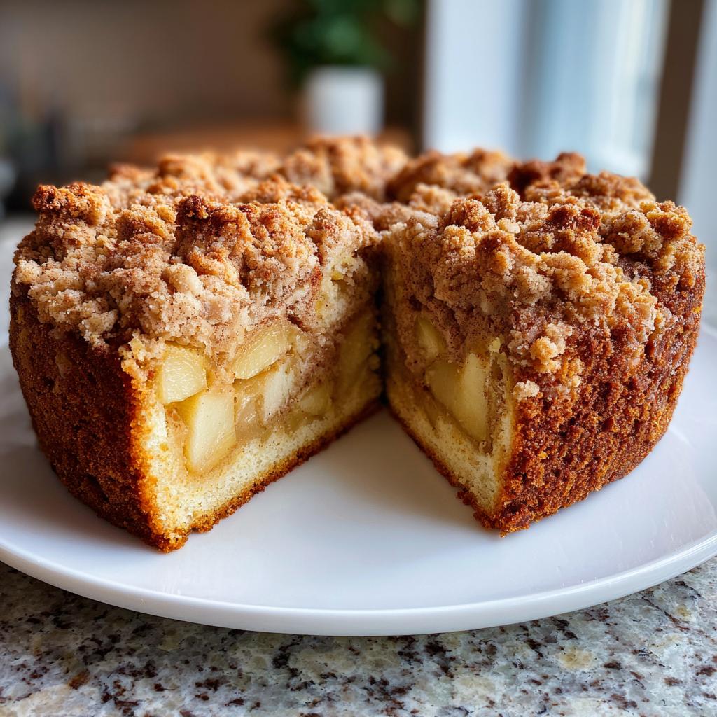 Anschnitt eines saftigen Apfel-Zimt-Streuselkuchens mit vielen Apfelstücken und knusprigen Streuseln.