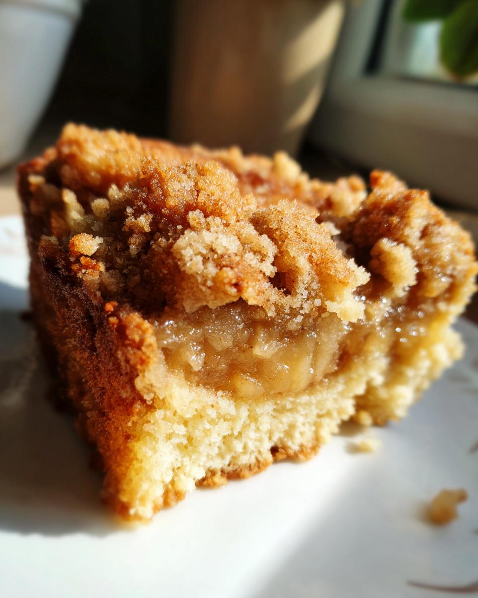 Nahaufnahme eines saftigen Stücks Apfel-Zimt-Streuselkuchen mit knusprigen Streuseln und weichem Boden.