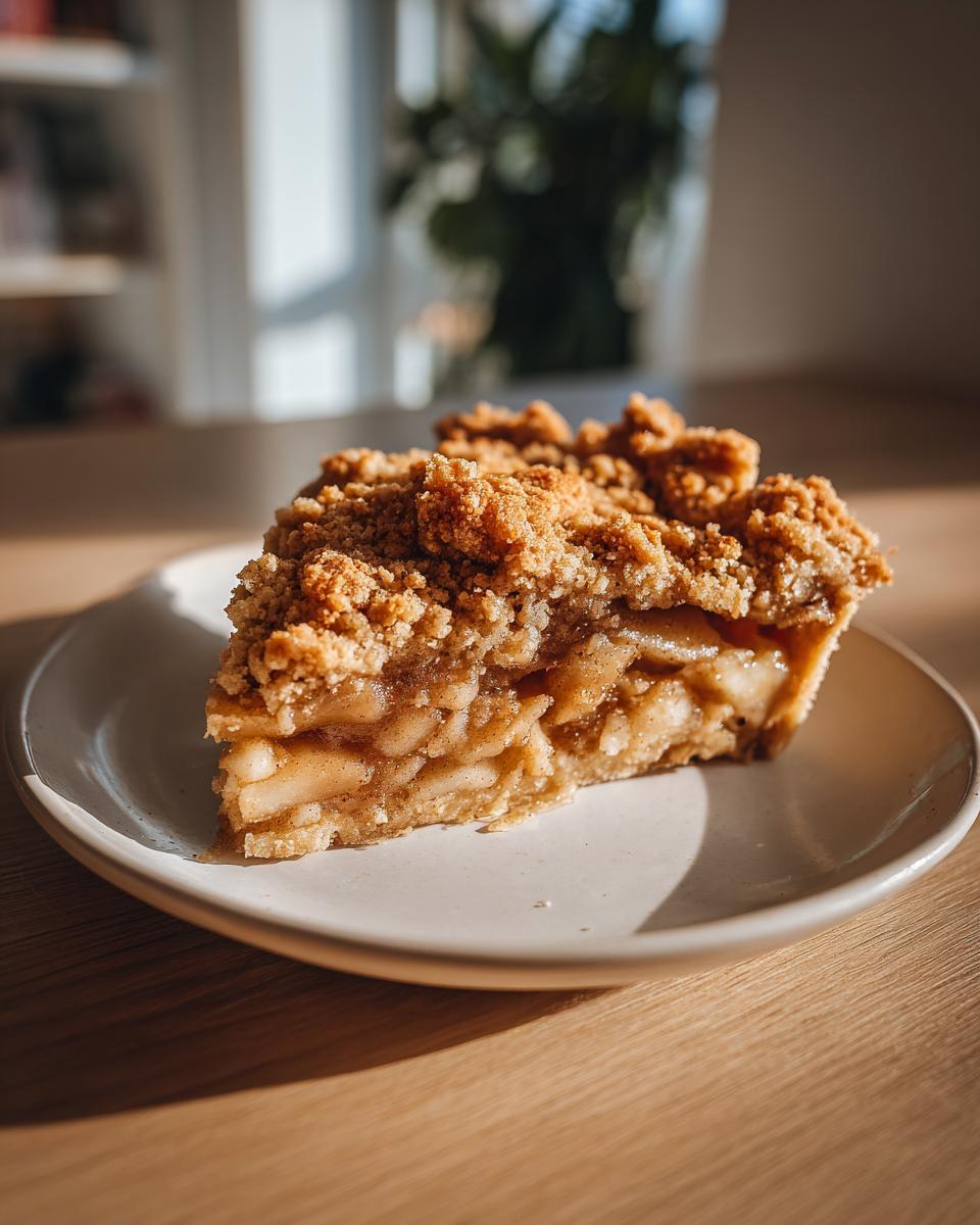 Ein saftiges Stück Apfel-Zimt-Streuselkuchen auf einem Teller, mit knusprigen Streuseln und weichen Apfelstücken.