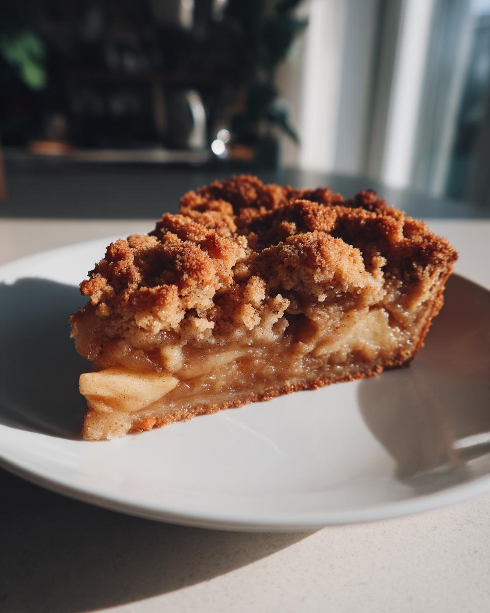 Ein saftiges Stück Apfel-Zimt-Streuselkuchen auf einem weißen Teller, mit knusprigen Streuseln und weichen Apfelstücken.