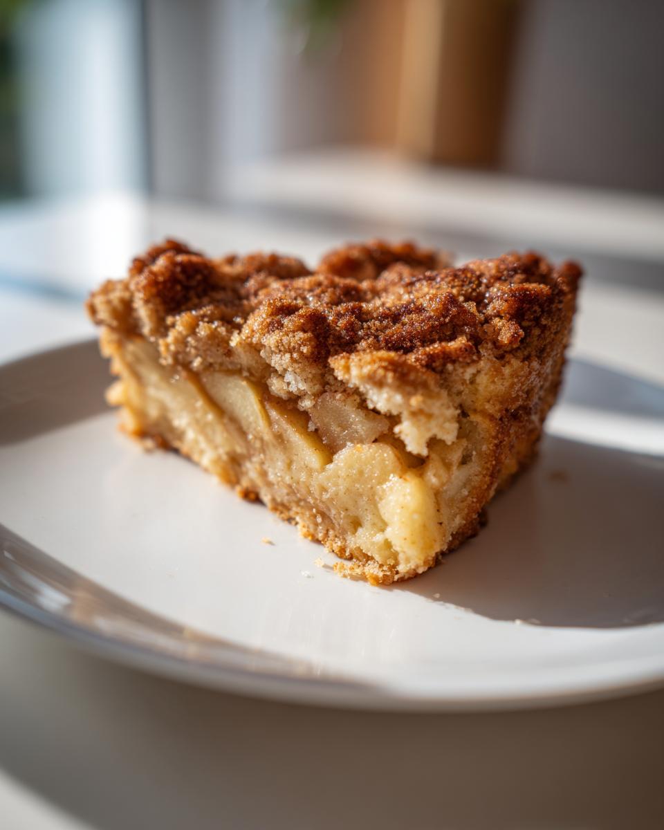 Ein Stück saftiger Apfel-Zimt-Streuselkuchen auf einem weißen Teller, mit knusprigen Streuseln und Äpfeln.