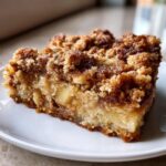 Nahaufnahme eines saftigen Stücks Apfel-Zimt-Streuselkuchen auf einem weißen Teller, mit sichtbaren Apfelstücken und knusprigen Streuseln.