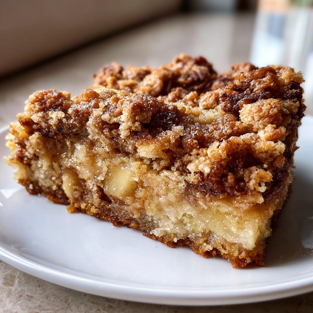 Nahaufnahme eines saftigen Stücks Apfel-Zimt-Streuselkuchen auf einem weißen Teller, mit sichtbaren Apfelstücken und knusprigen Streuseln.