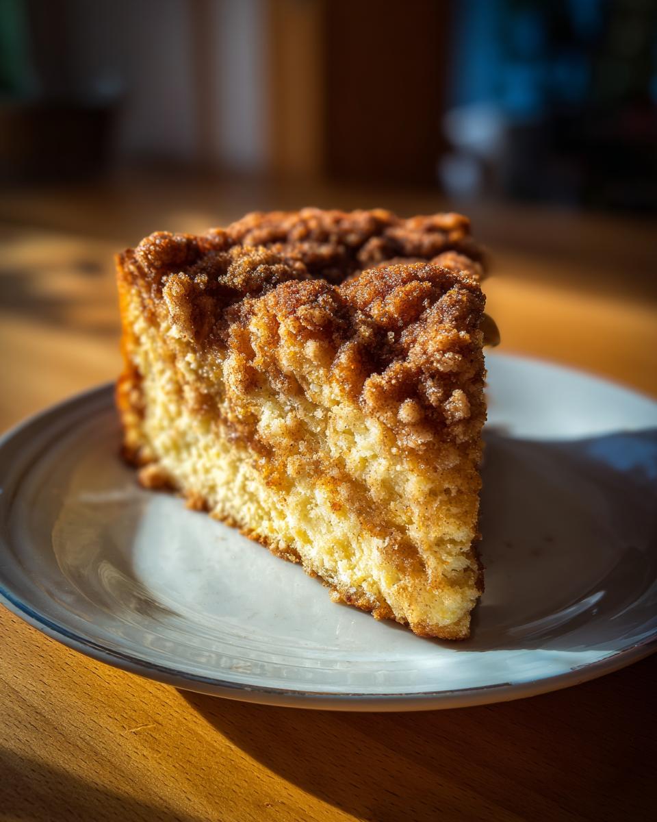 Ein saftiges Stück Apfelmuskuchen mit Zimtstreuseln auf einem Teller, das zum Genießen einlädt.