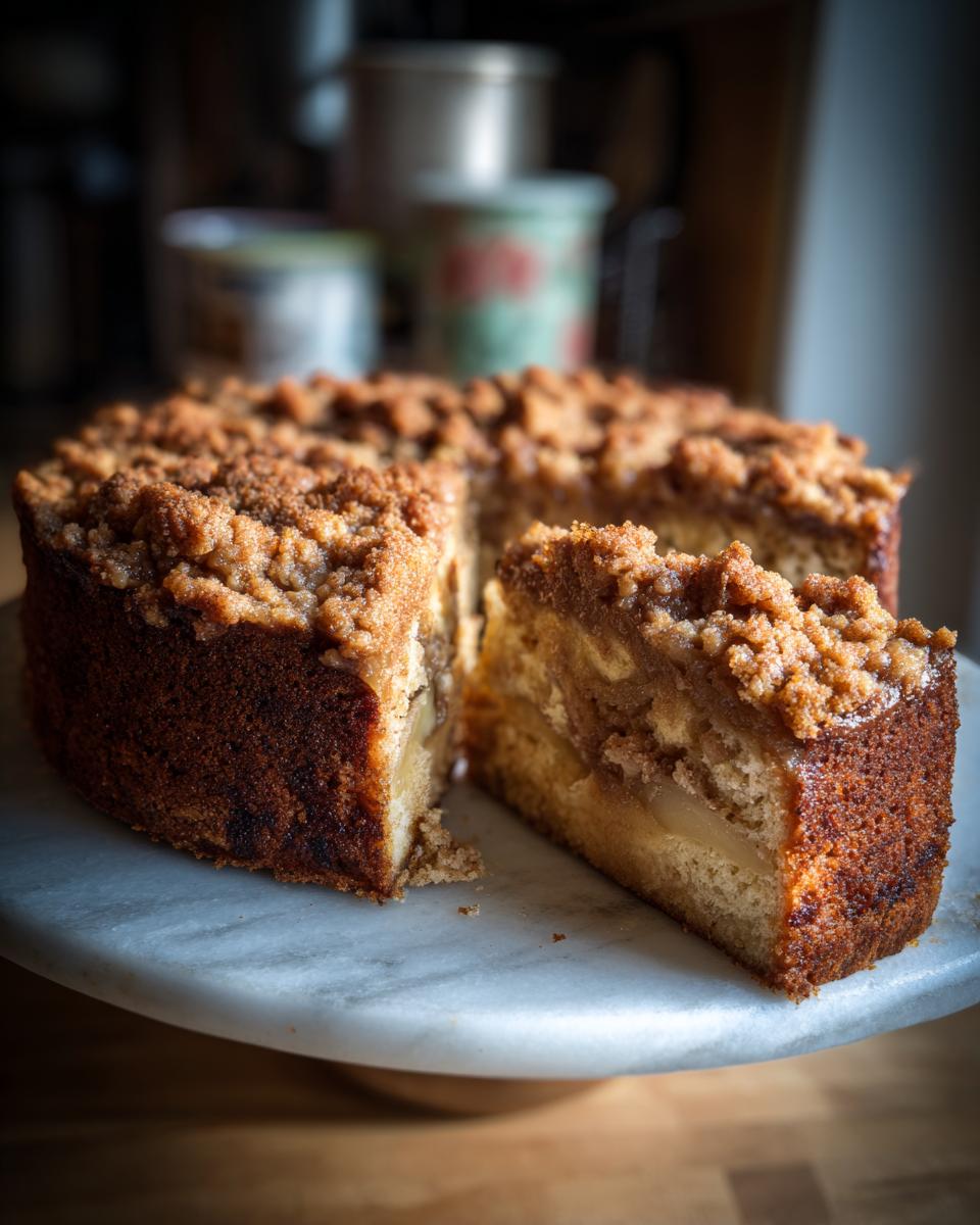 Ein Anschnitt von einem saftigen Apfelmuskuchen mit Zimtstreuseln, der auf einem Marmorsockel präsentiert wird.