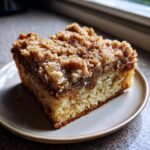 Ein Stück himmlischer Apfelmuskuchen mit Zimtstreuseln auf einem Teller, perfekt gebacken.