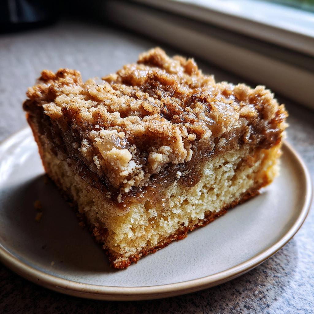 Ein Stück himmlischer Apfelmuskuchen mit Zimtstreuseln auf einem Teller, perfekt gebacken.