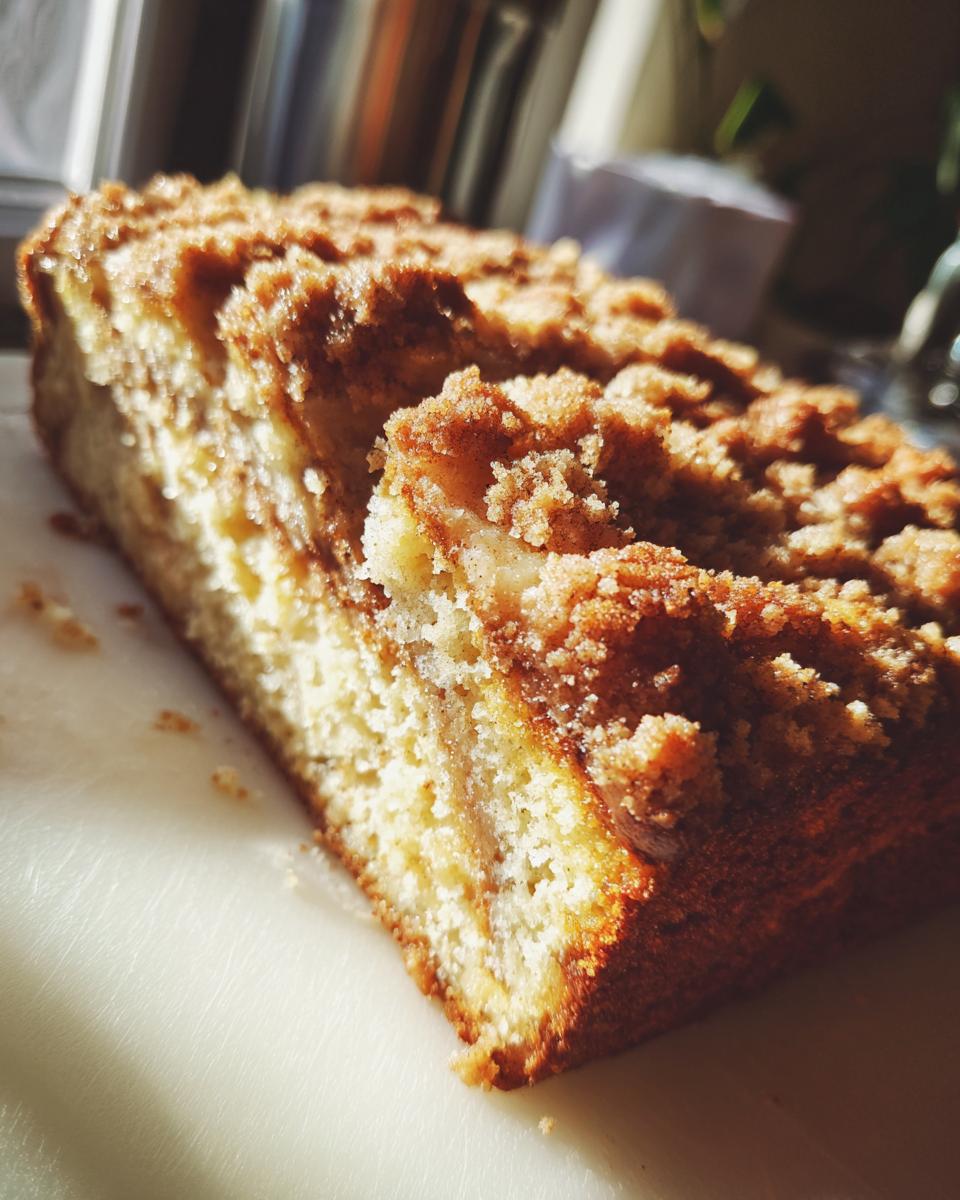 Ein saftiges Stück Apfelmuskuchen mit Zimtstreuseln, das zum Genießen einlädt.