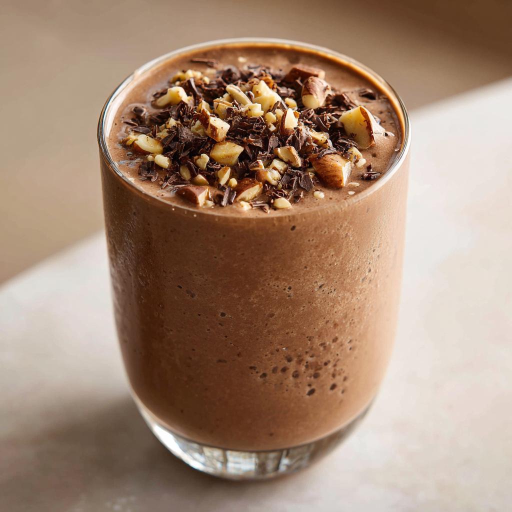 Ein cremiger Bananen-Split-Smoothie mit Schoko & Nüssen, garniert mit gehackten Nüssen und Schokostückchen.