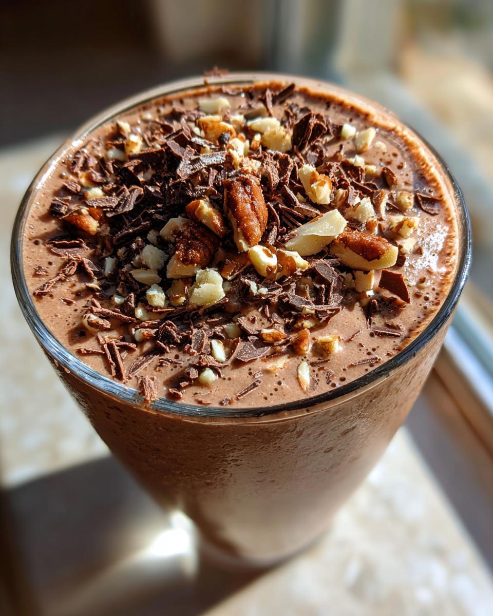 Ein Glas Bananen-Split-Smoothie mit Schokolade und Nüssen garniert, bereit zum Genießen.