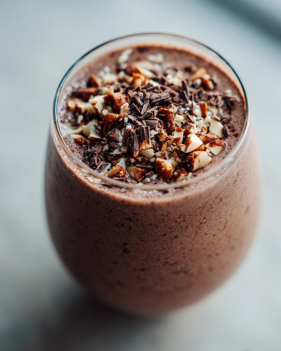 Ein köstlicher Bananen-Split-Smoothie mit Schoko & Nüssen, garniert mit gehackten Nüssen und Schokostückchen.