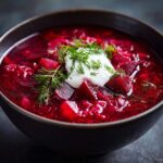 Schüssel mit leckerem Barszcz Czerwony – Rote-Bete-Suppe mit Knoblauch & Dill, garniert mit Dill und einem Klecks Sauerrahm.