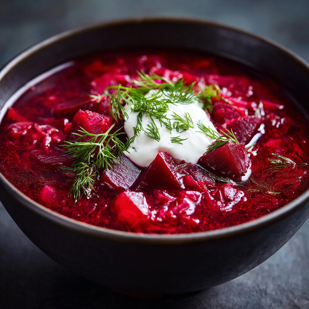 Schüssel mit leckerem Barszcz Czerwony – Rote-Bete-Suppe mit Knoblauch & Dill, garniert mit Dill und einem Klecks Sauerrahm.