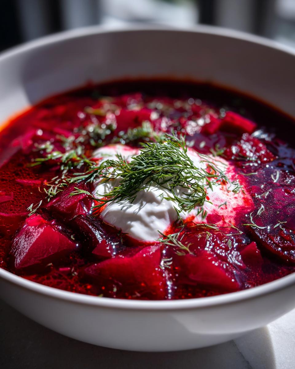Eine Schüssel mit leuchtend roter Barszcz Czerwony – Rote-Bete-Suppe mit Knoblauch & Dill, garniert mit einem Klecks Sauerrahm und frischem Dill.
