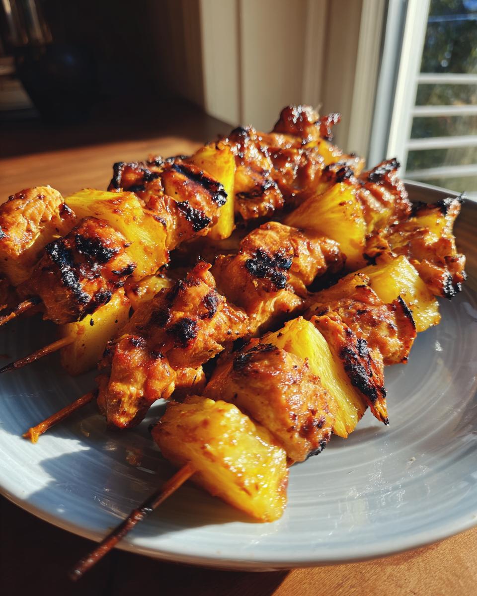 Nahaufnahme von saftigen BBQ-Hähnchen-Ananas-Spießen auf einem Teller, perfekt gegrillt.