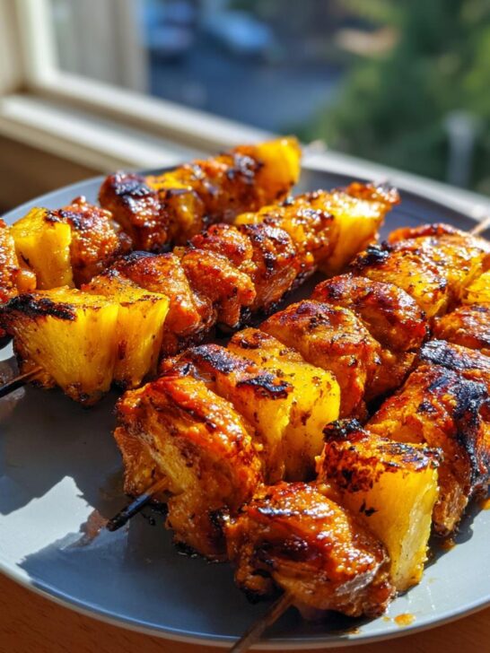 Nahaufnahme von saftigen BBQ-Hähnchen-Ananas-Spießen auf einem Teller, perfekt gegrillt.