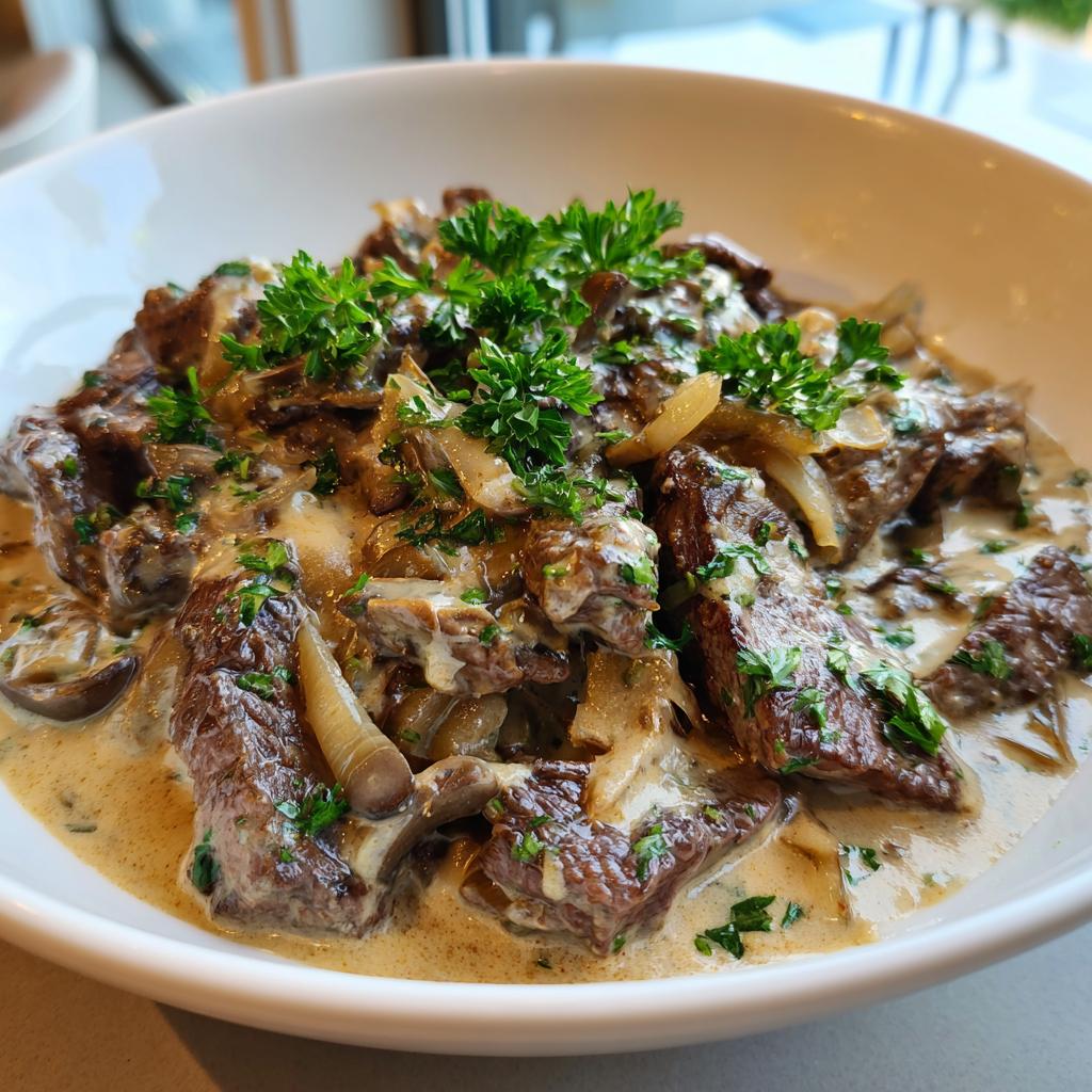 Nahaufnahme von Beef Stroganoff – zartes Rinderfilet in cremiger Senfrahmsauce, garniert mit Petersilie.
