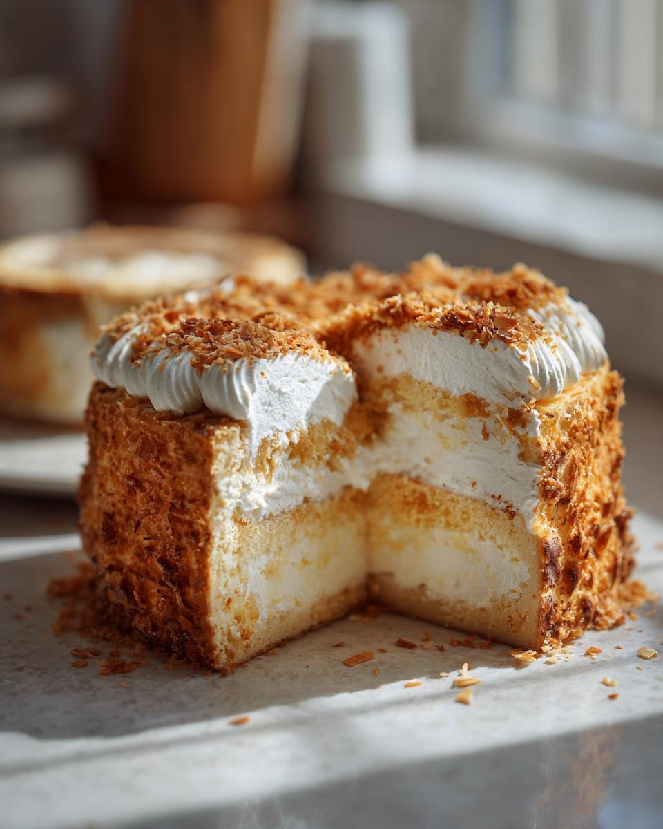 Schnittbild eines Bienenstichs mit Vanillecreme, der mit Mandelsplittern und Sahnetupfern verziert ist.