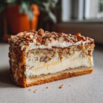 Ein saftiges Stück Bienenstich mit Vanillecreme, bestreut mit Mandeln und einem ganzen Mandel obendrauf.