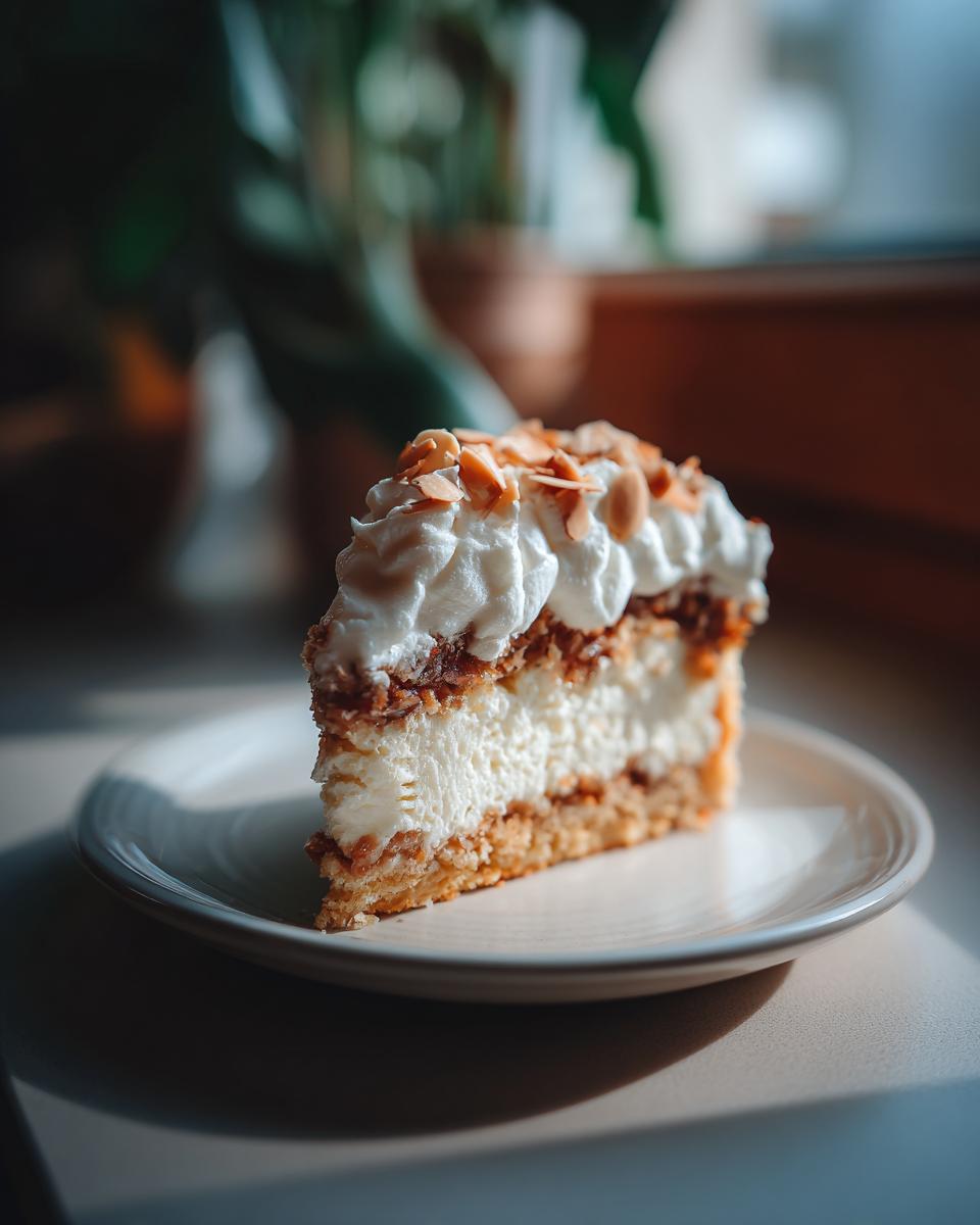 Ein köstliches Stück Bienenstich mit Vanillecreme, garniert mit Mandeln und Sahne.