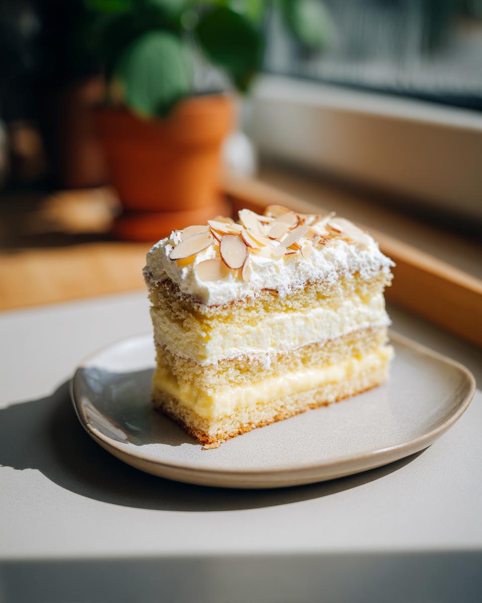 Ein saftiges Stück Bienenstich mit Vanillecreme, bestreut mit Mandelblättchen und Sahne.