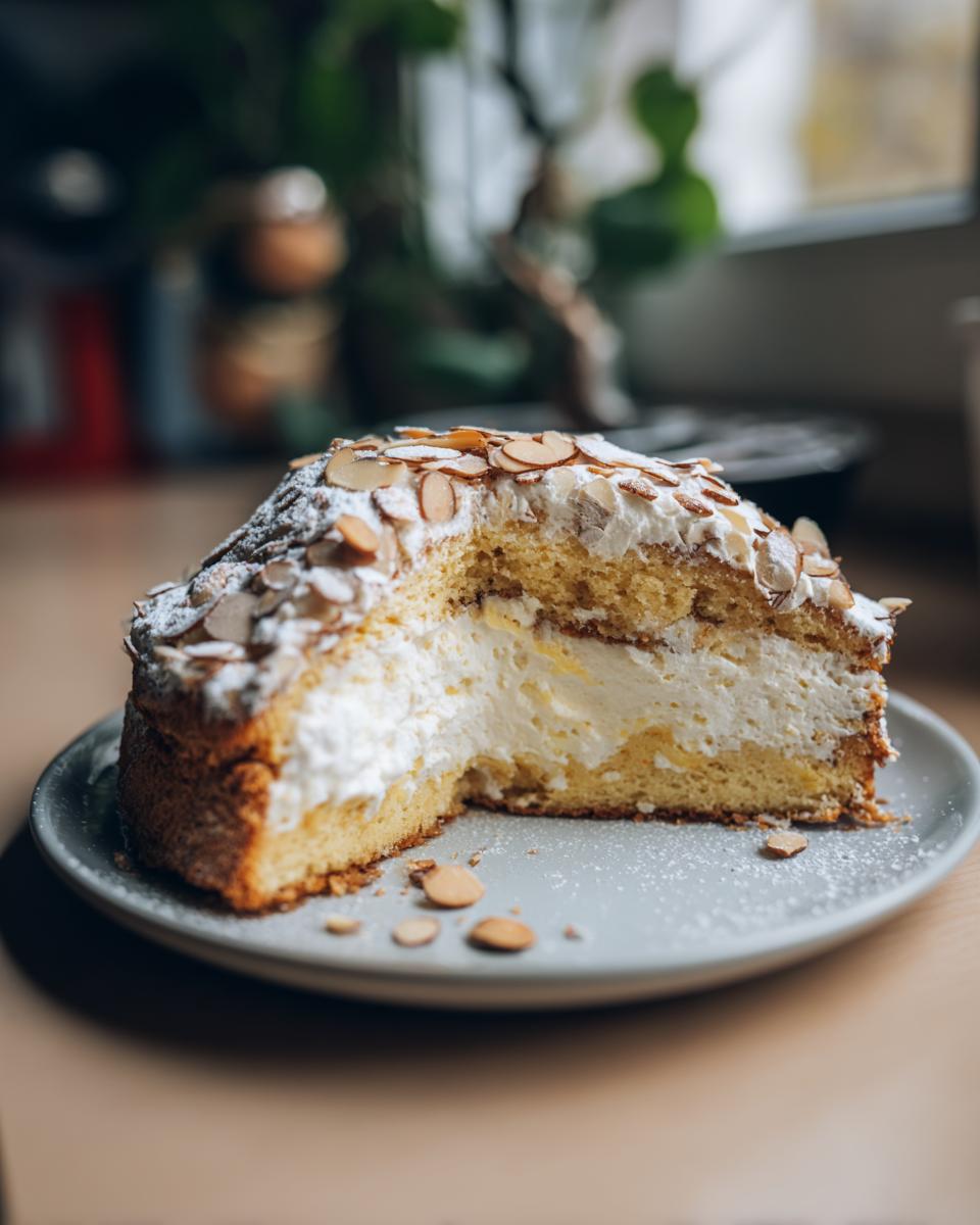Ein saftiges Stück Bienenstich mit Vanillecreme, bestreut mit Mandelsplittern und Puderzucker.