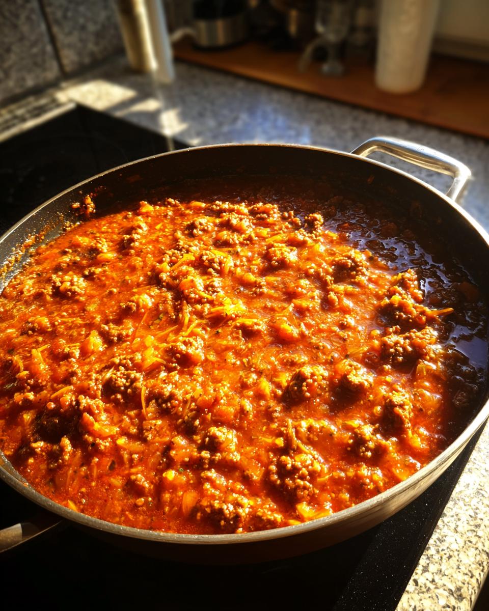 Ein großer Topf mit Bigos – Polnischer Sauerkrauteintopf mit Fleisch und Wurst, der auf dem Herd köchelt.