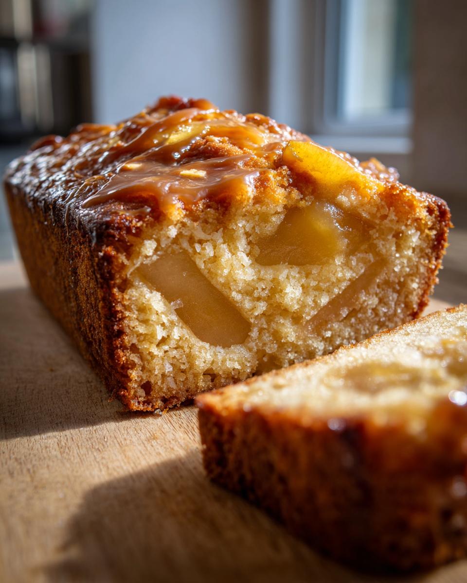 Ein Anschnitt von einem saftigen Birnen-Mandel-Kuchen mit Karamell, der auf einem Holzbrett liegt.