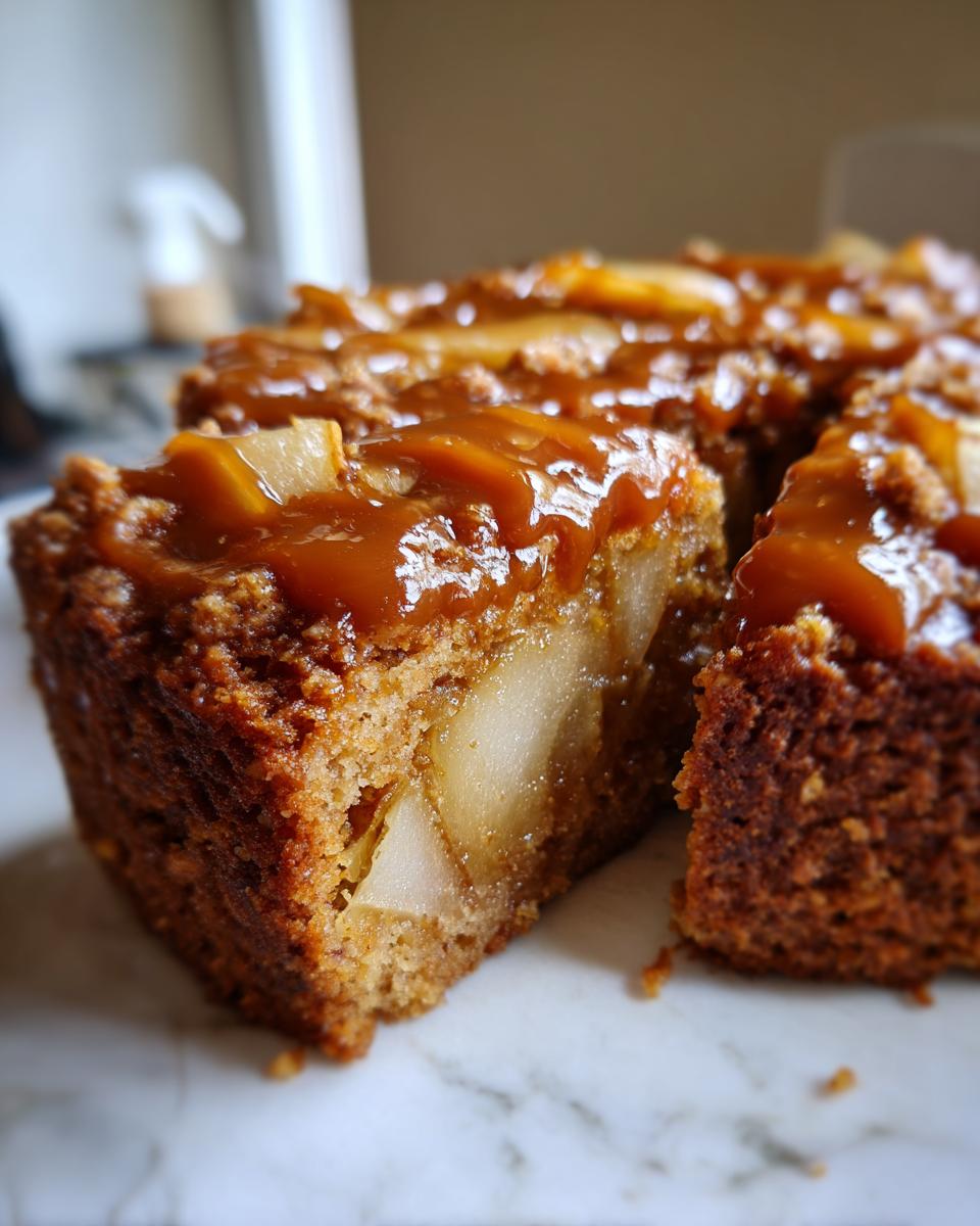 Nahaufnahme eines saftigen Birnen-Mandel-Kuchens mit Karamell, mit sichtbaren Birnenstücken und knuspriger Kruste.
