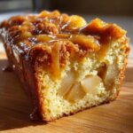 Ein Stück saftiger Birnen-Mandel-Kuchen mit Karamell, belegt mit karamellisierten Birnenstücken.