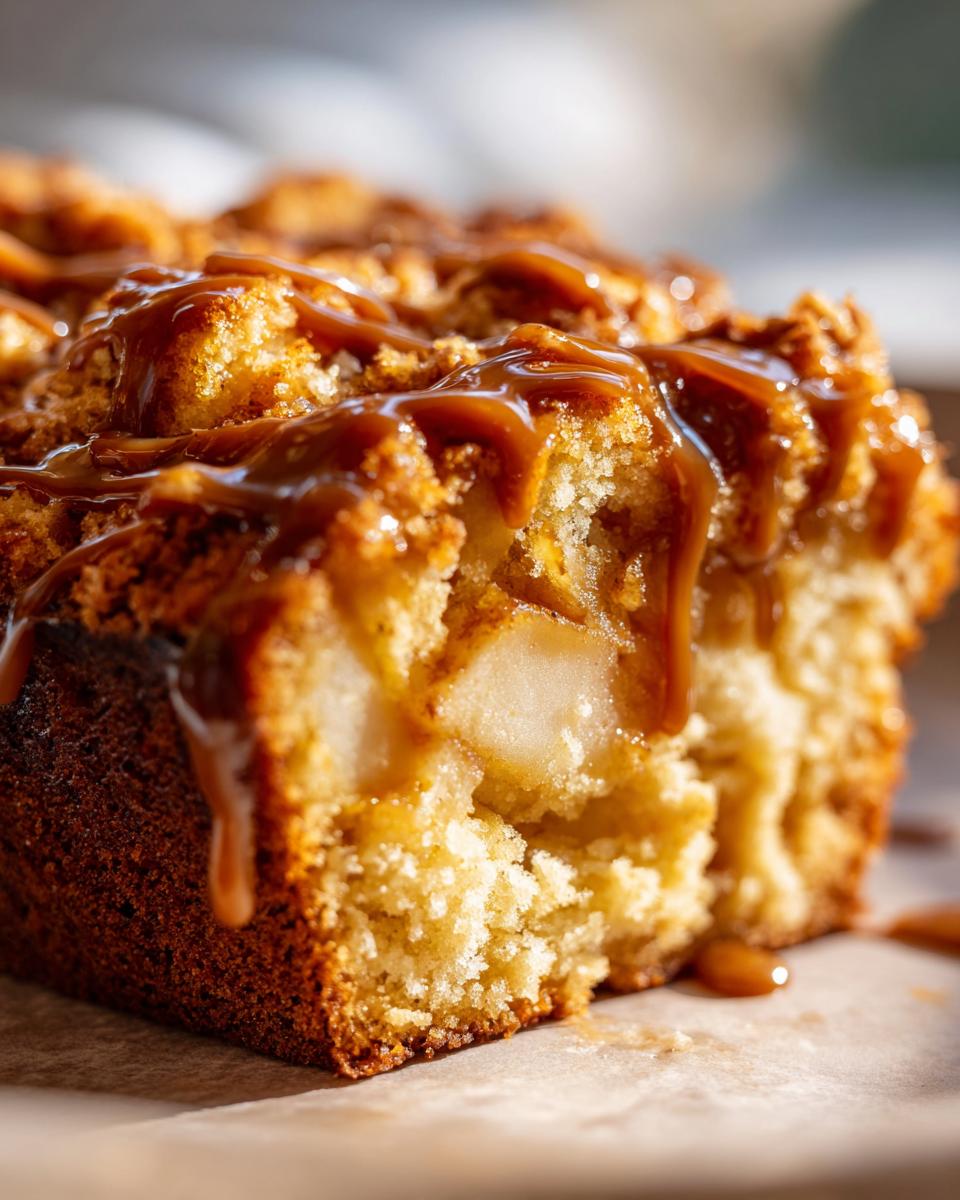 Nahaufnahme eines Stücks Birnen-Mandel-Kuchen mit Karamell, saftig und mit Fruchtstücken.