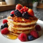 Gestapelte Blini – Russische Pfannkuchen mit Honig und frischen Beeren wie Erdbeeren, Himbeeren und Brombeeren.