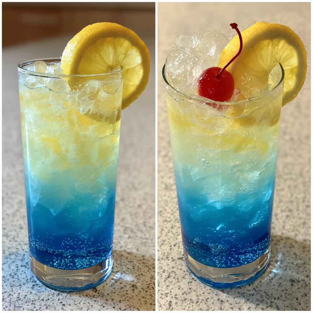 Ein erfrischender Blue Lagoon Mocktail mit Blue Curacao Sirup und Zitronenscheiben, garniert mit einer Kirsche.