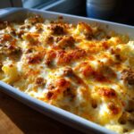 Nahaufnahme von einem Blumenkohl-Hack-Auflauf mit Käsesauce, goldbraun überbacken.