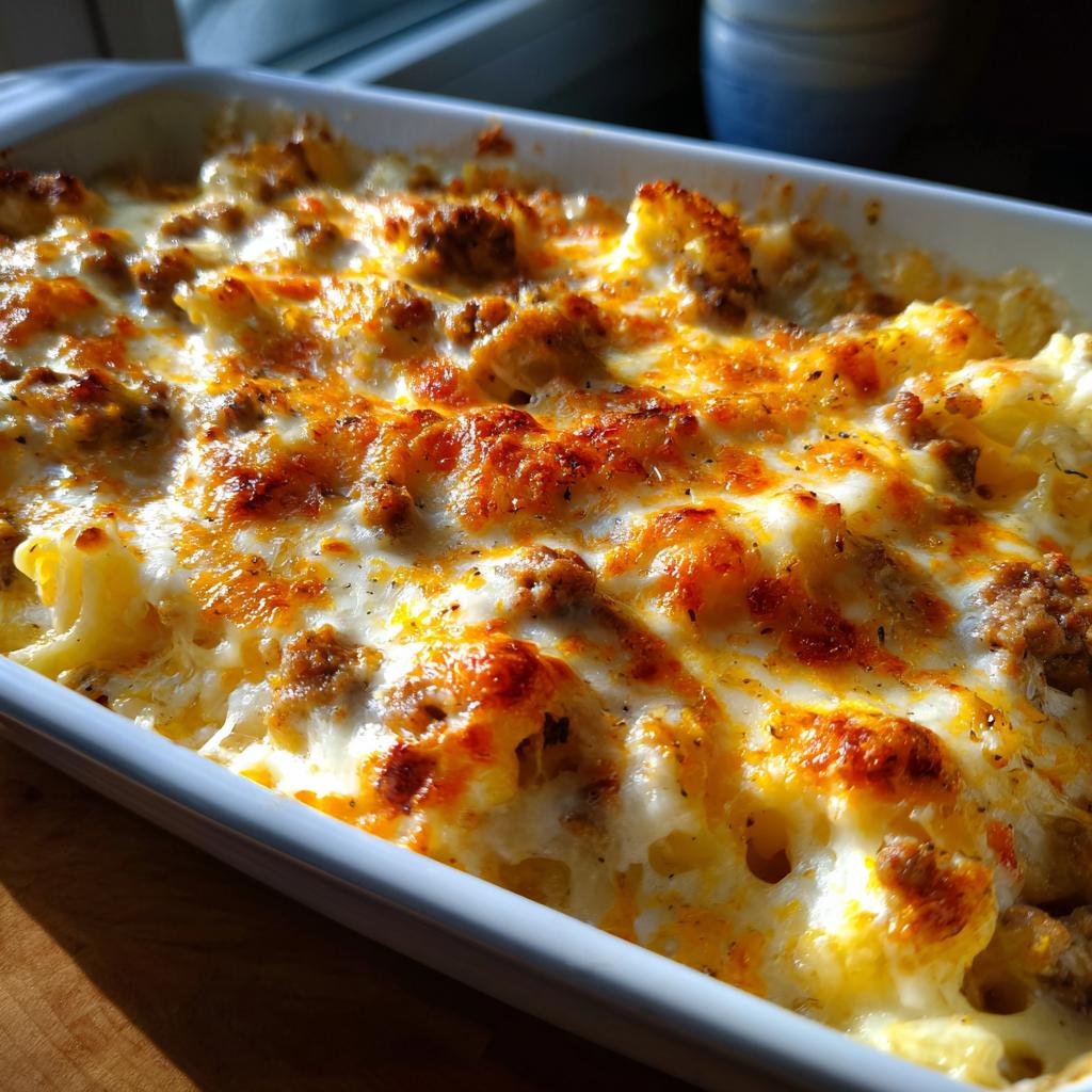 Nahaufnahme von einem Blumenkohl-Hack-Auflauf mit Käsesauce, goldbraun überbacken.