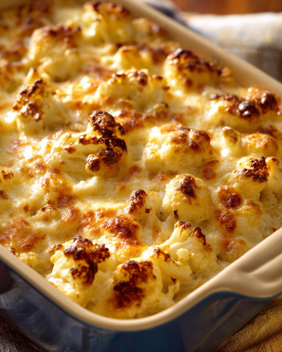 Goldbraun überbackener Blumenkohl-Hack-Auflauf mit cremiger Käsesauce in einer blauen Auflaufform.