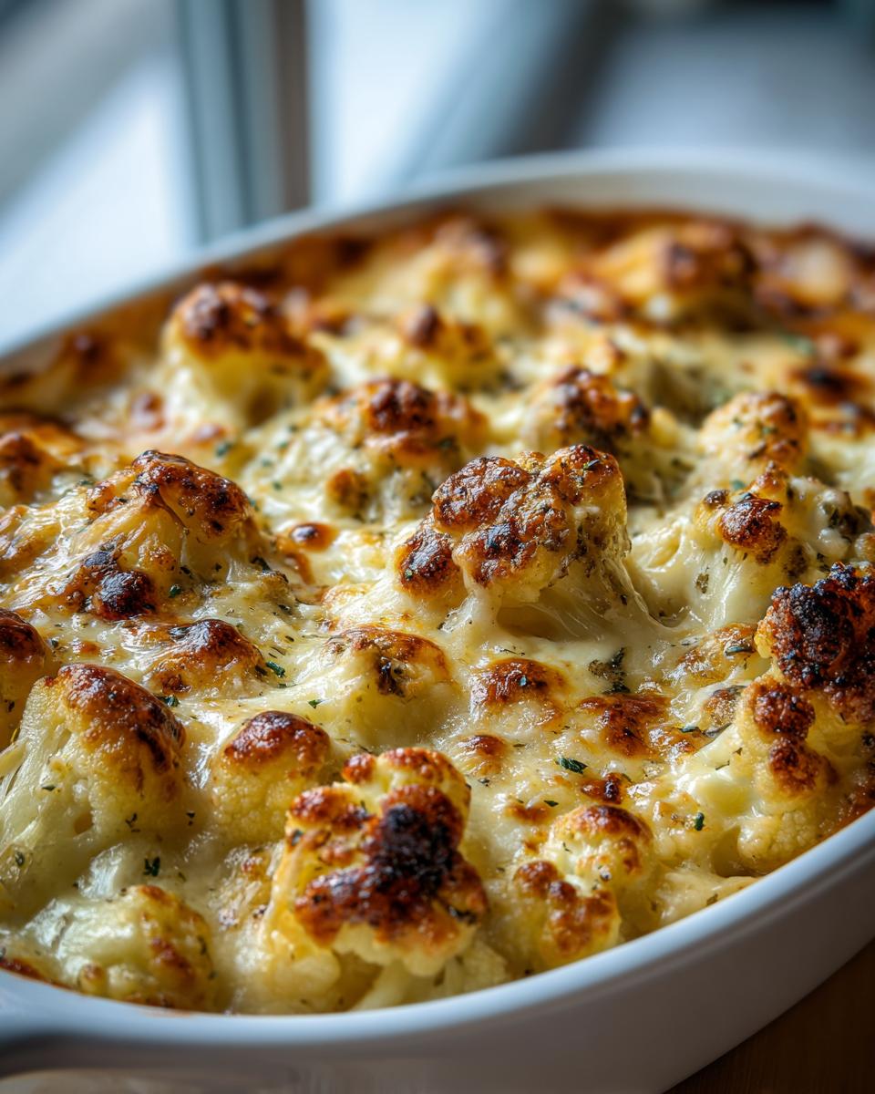 Nahaufnahme eines goldbraunen Blumenkohl-Hack-Auflaufs mit geschmolzener Käsesauce und Kräutern.