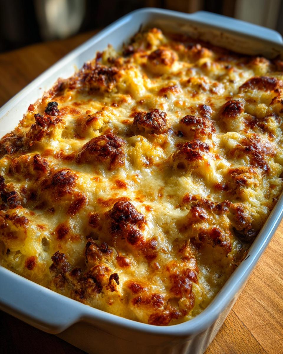 Nahaufnahme eines frisch gebackenen Blumenkohl-Hack-Auflaufs mit Käsesauce, goldbraun überbacken.