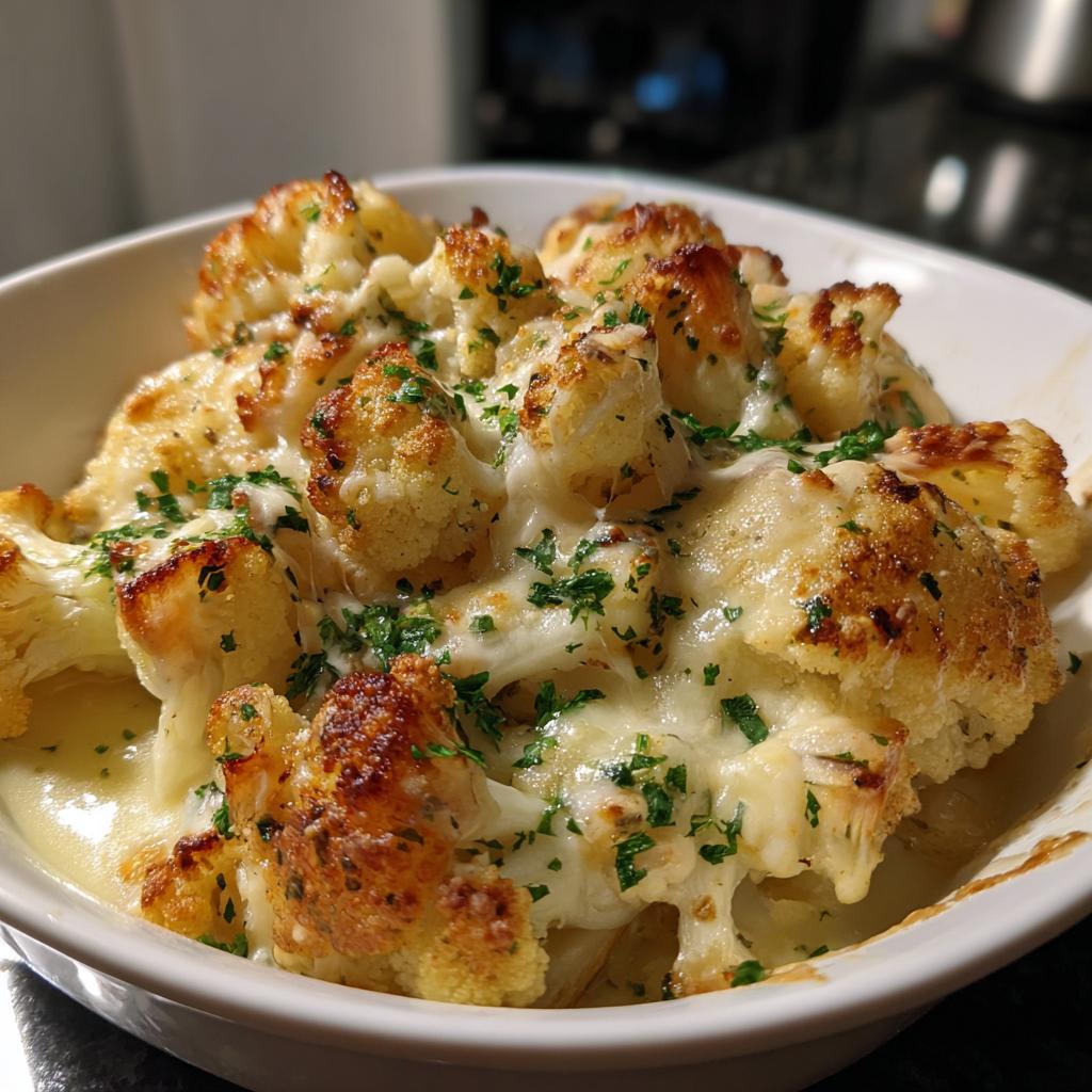 Nahaufnahme eines herzhaften Blumenkohl-Kartoffel-Gratins mit Käsesauce, bestreut mit frischer Petersilie.