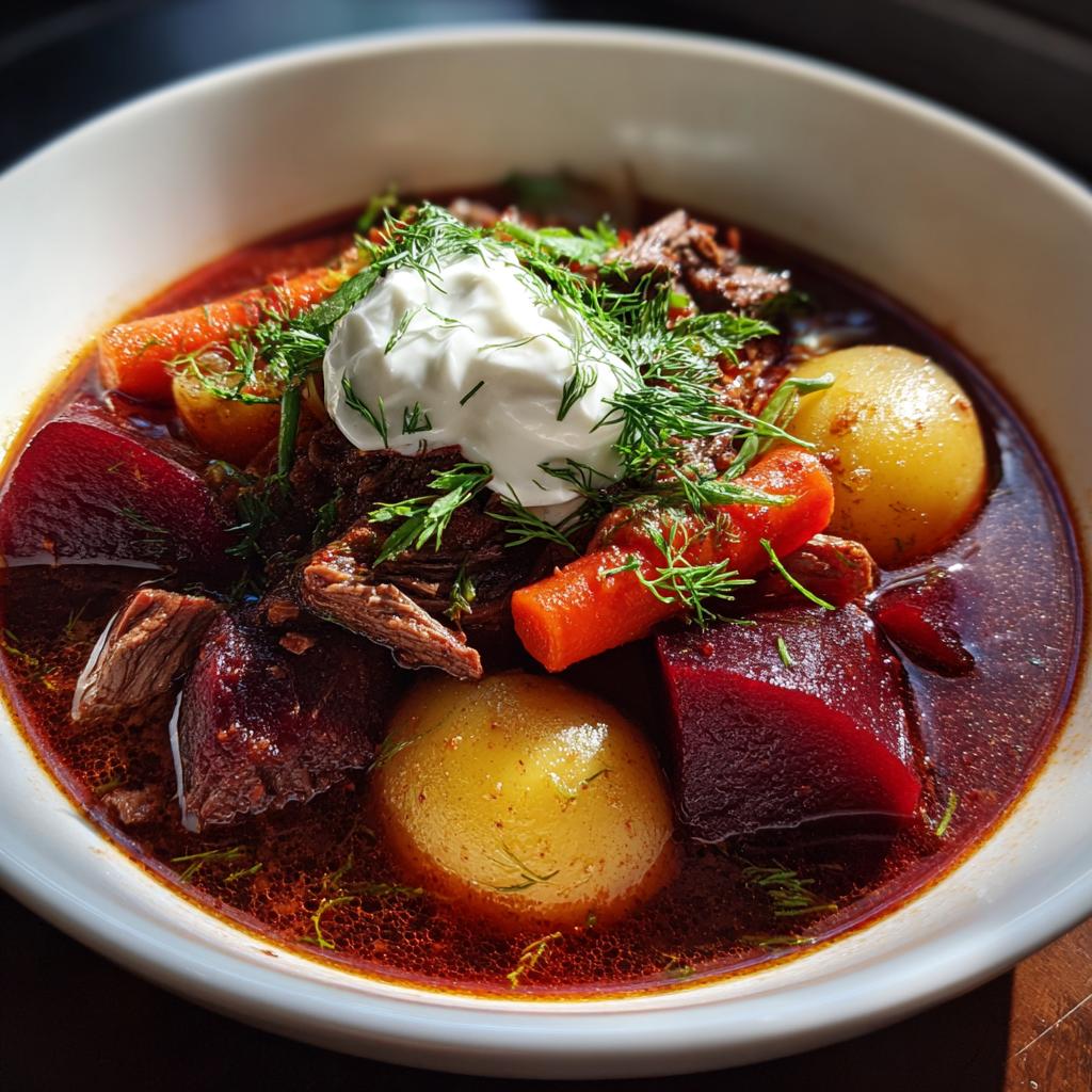 Eine Schüssel mit Borschtsch – Rote-Bete-Eintopf mit Rindfleisch, Kartoffeln, Karotten und einem Klecks Schmand.