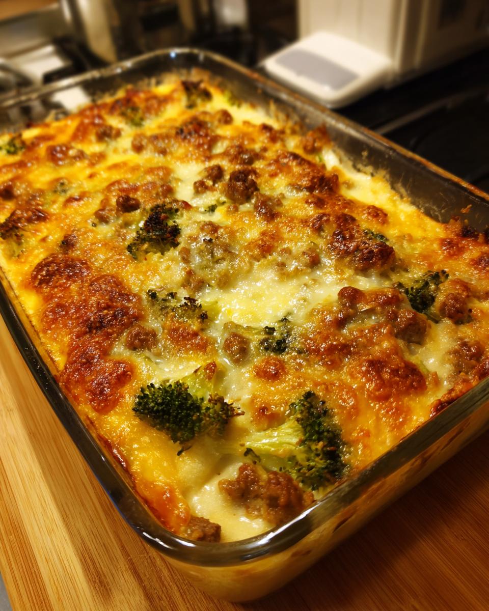 Nahaufnahme eines goldbraun überbackenen Brokkoli-Rahm-Auflaufs mit Hackfleisch in einer Auflaufform.