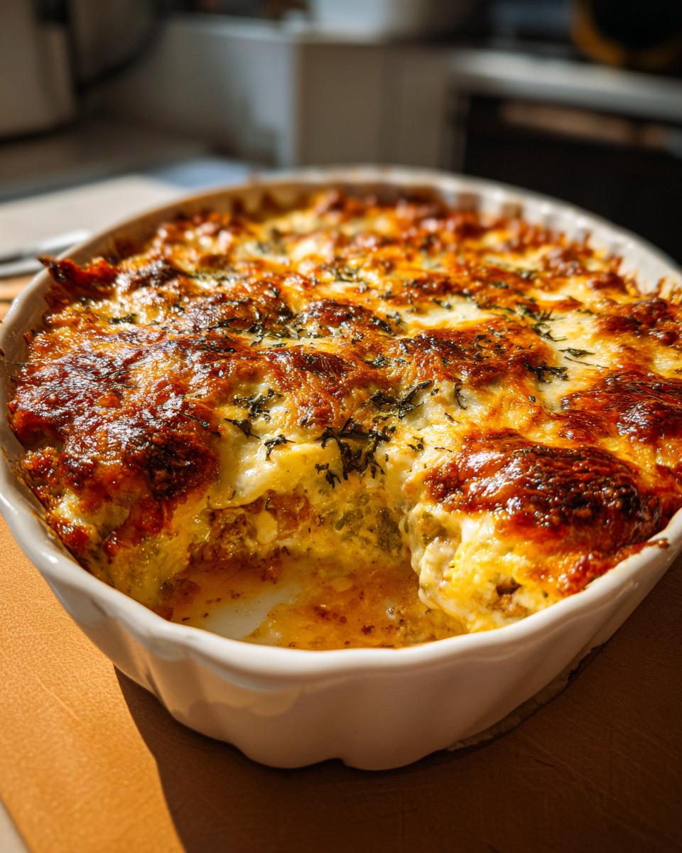 Nahaufnahme eines goldbraunen Brokkoli-Rahm-Auflaufs mit Hackfleisch, frisch aus dem Ofen.