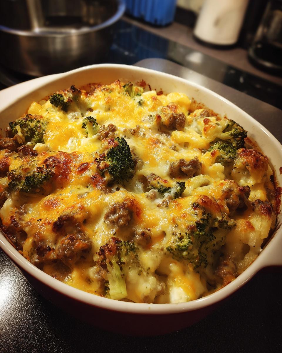 Nahaufnahme eines goldbraun überbackenen Brokkoli-Rahm-Auflaufs mit Hackfleisch und geschmolzenem Käse.