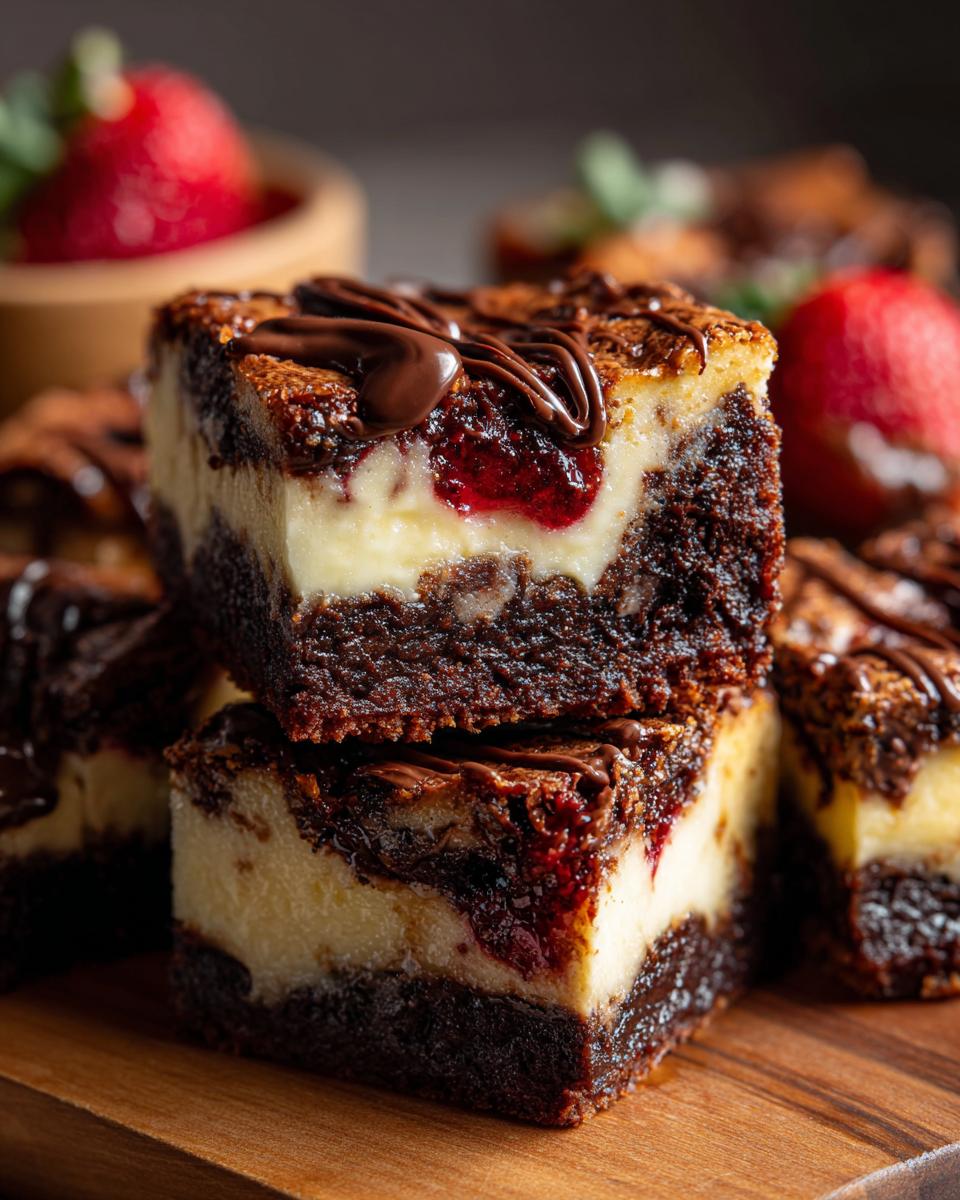 Gestapelte Brownie-Cheesecake-Bars mit einer fruchtigen Erdbeerschicht und Schokoladenglasur, garniert mit frischen Erdbeeren.