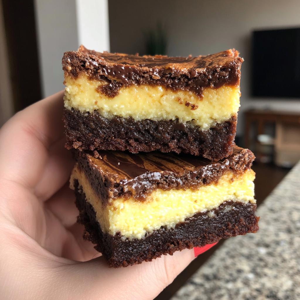 Zwei Brownie-Cheesecake-Bars gestapelt, gehalten in einer Hand, mit Schichten aus Brownie und cremiger Käsekuchenfüllung.