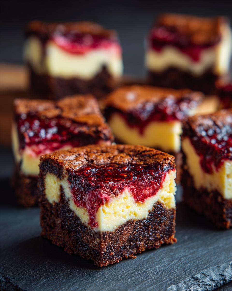 Nahaufnahme von saftigen Brownie-Cheesecake-Bars mit einer cremigen Käseschicht und fruchtiger Himbeersauce.
