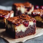 Nahaufnahme von saftigen Brownie-Cheesecake-Bars mit Kirschen, die auf Backpapier liegen.
