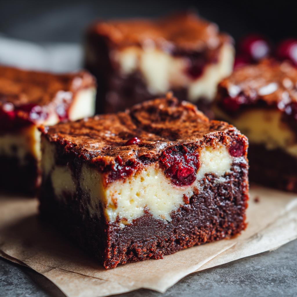 Nahaufnahme von saftigen Brownie-Cheesecake-Bars mit Kirschen, die auf Backpapier liegen.