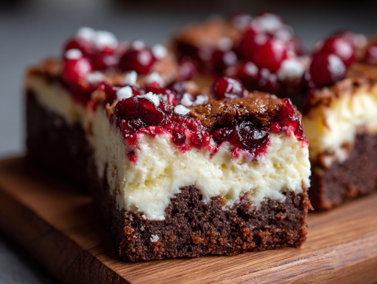 Nahaufnahme von saftigen Brownie-Cheesecake-Bars mit einer cremigen Käseschicht und Kirschen obendrauf.