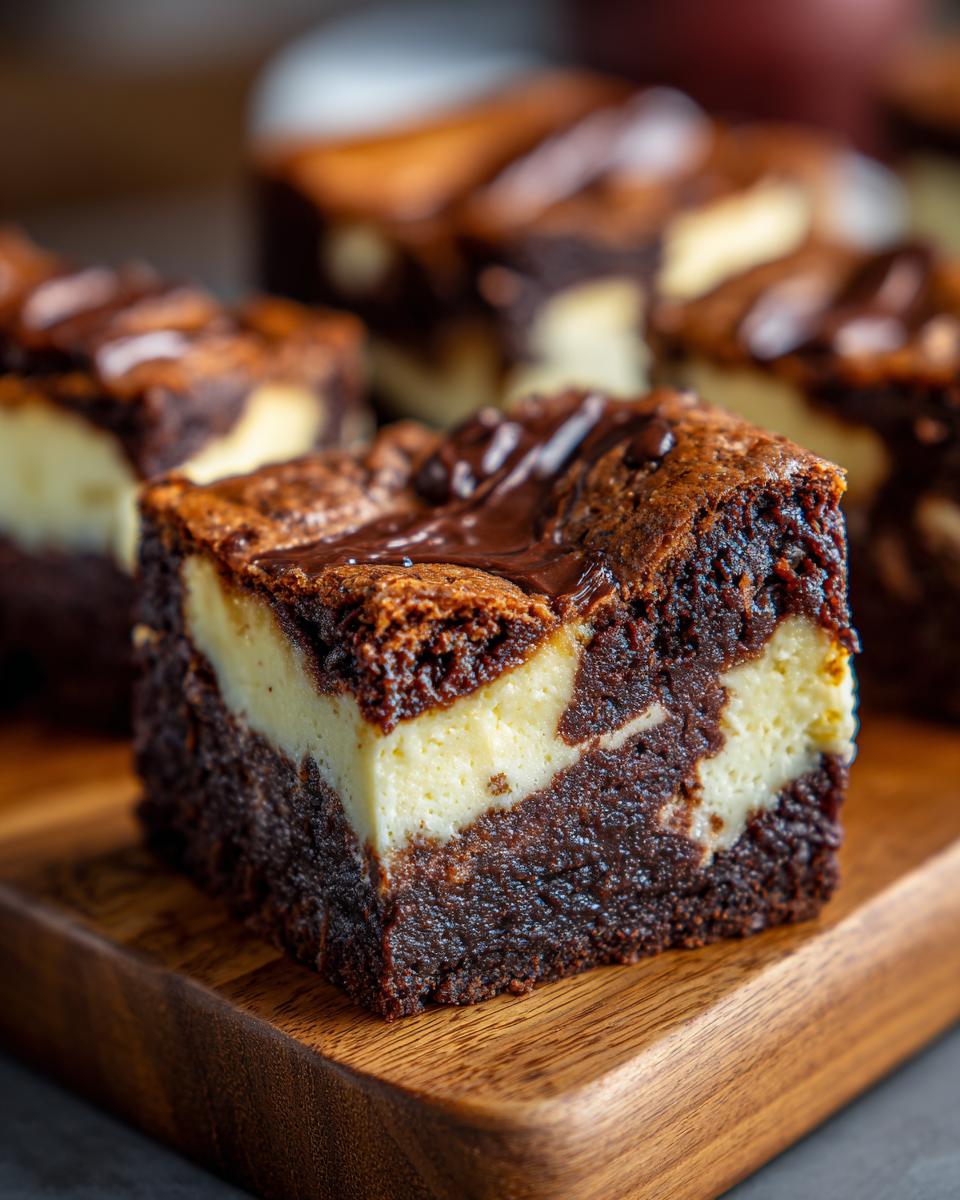 Nahaufnahme eines Brownie-Cheesecake-Bars auf einem Holzbrett, mit Schokoladenglasur.